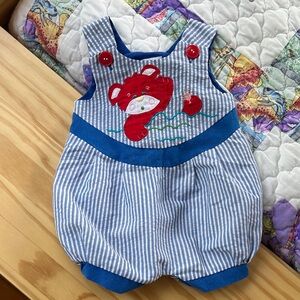 Vintage Blue Striped Baby Bubble Romper with Red Bear Appliqué
